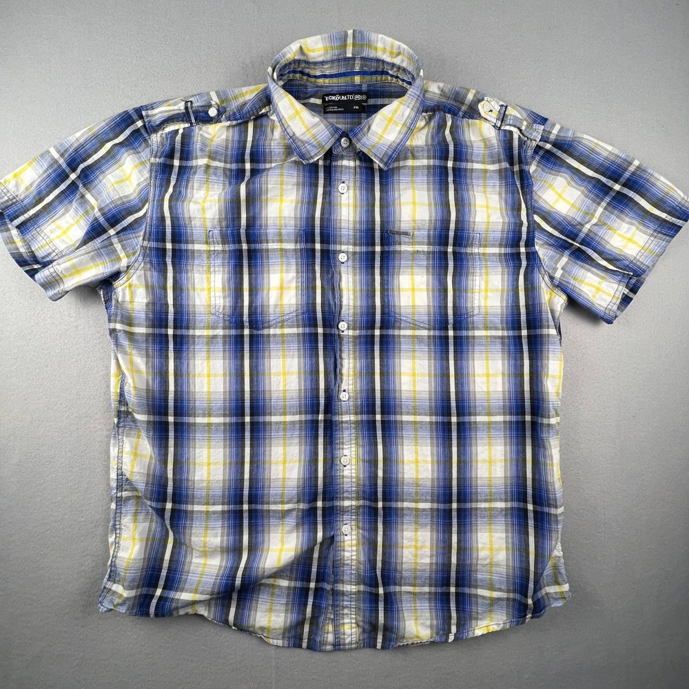 Ecko Unltd Button Down Shirt Mens‎ XXL Blue Yellow Plaid Short Sleeve Urban Y2K